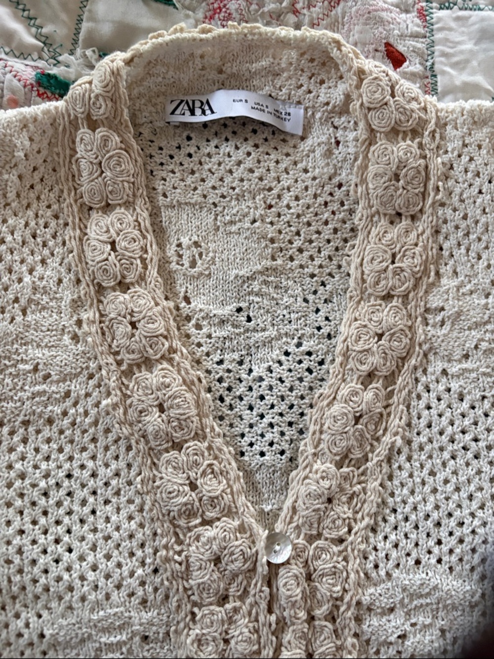 Zara Cream Crochet Rose-Trim Cardigan